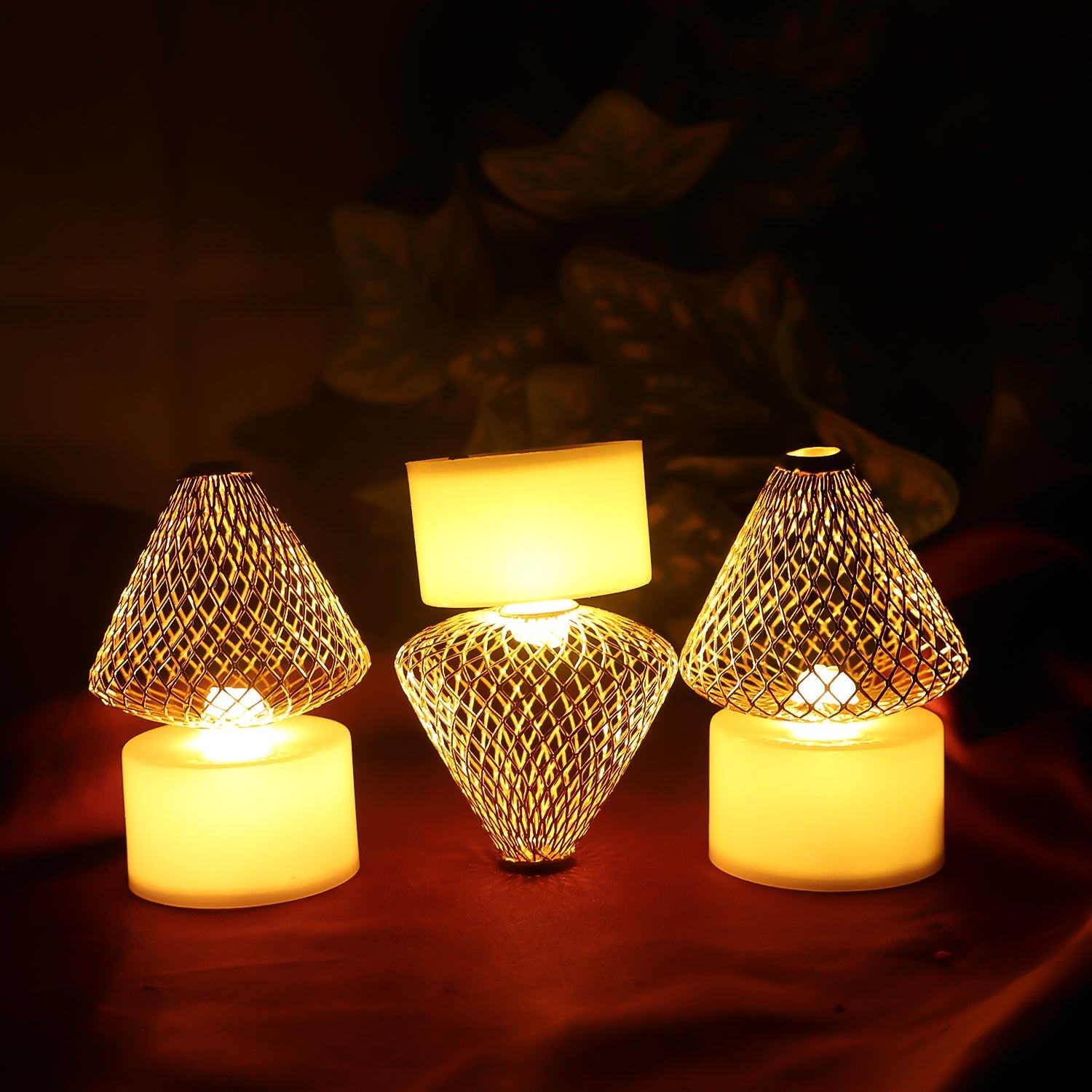 Set of 12 Decorative LED Flameless Candle Lights with Golden Net Cover Set of 12 Decorative LED Flameless Candle Lights with Golden Net Cover